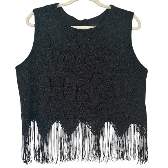 Vintage Black Fringe Metallic Button Down Back Sleeveless Vest Top Size 16, XL - Picture 3 of 4